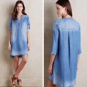 Anthropologie Chambray Denim Dress Lace-Up Shift Peasant Blue XS